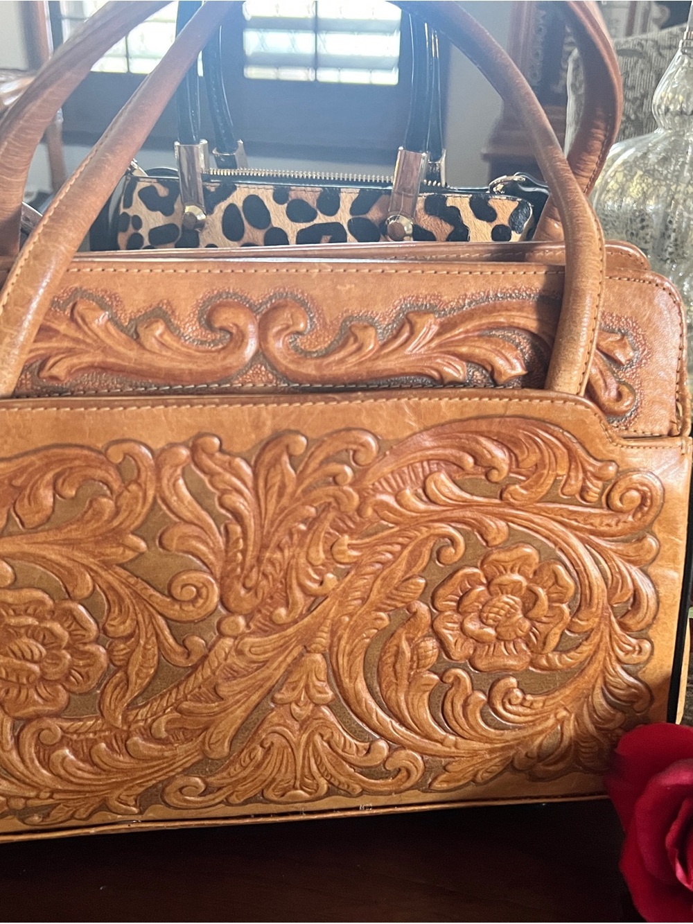 ❤️‍🔥MONTABUR Tan Tooled Leather Satchel Handbag